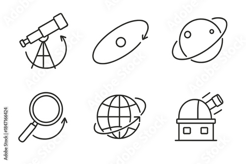 Cosmic Survey Icons. Line style icons of circling frontier survey: cosmic scope, curved orbit, planetary loop, survey lens,