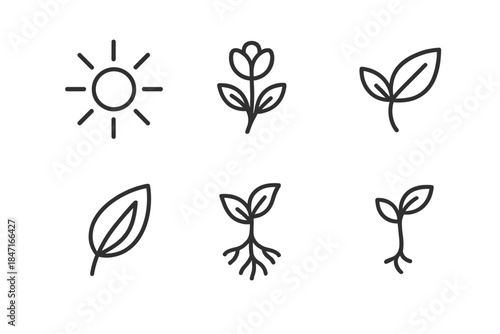 Core-Centered Icons. Line style icons of core-centered development: luminous hub, connecting veins, nurturing bloom, directional