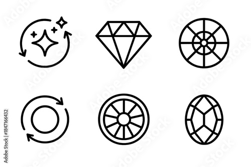 Radiant Gem Wheel. Line style icons of revolving mineral fullness: glowing rotation, complete gem, circular pattern, balanced turn
