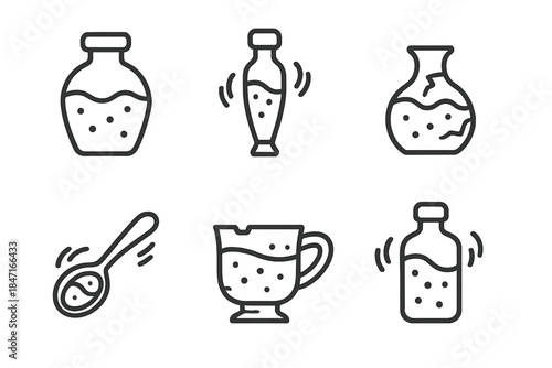 Quaking Potion Icons. Line style icons of quaking potion from an excavation: potion jar, vibrating vial, cracked flask, trembling