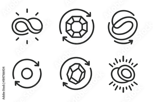Eternal Rotating Mineral. Line style icons of eternal rotating mineral: glowing loop, circular gem, flowing axis, harmonious