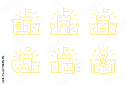 Luminous Story Icons. Line style icons of luminous story fortress: glowing script, shining arch, radiant bricks, joyful emblem,