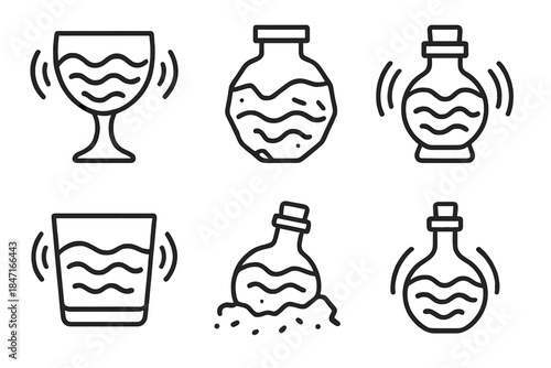 Vibrating Potion Icons. Line style icons of mined vibrating potion: trembling goblet, rocky flask, echoing jar, rippling drink,