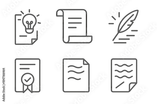 Innovative Document Icons. Line style icons of innovative document of genuineness: creative page, modern scroll, glowing quill,
