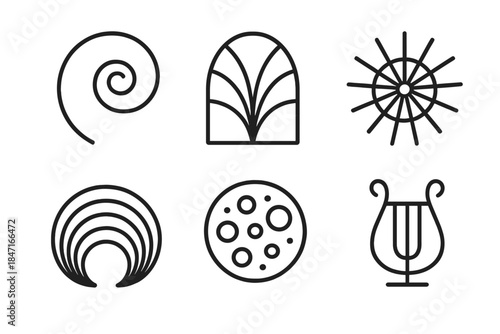 Shell Pattern Icons. Line style icons of shell-patterned wattles of philosophies: spiral shells, curved framework, radiant weave,