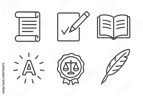 Document Creation Icons. Line style icons of realistic document creation: linear scroll, precise mark, open page, illuminated text