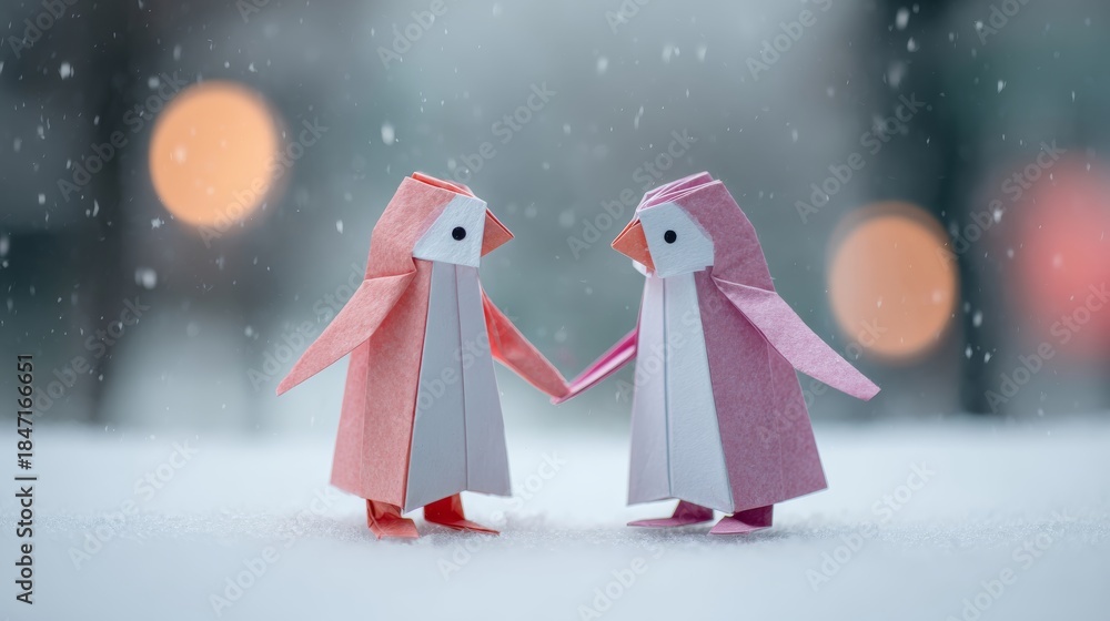 Fototapeta premium Two origami penguins stand together, holding a small red heart. Snow falls around them in a winter landscape, creating a festive mood for Valentine's Day.