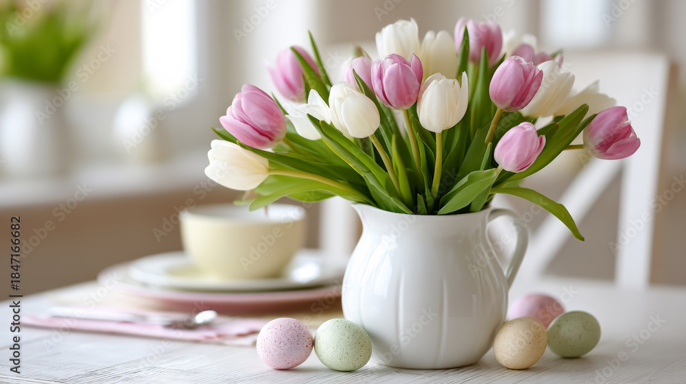 Obraz premium Elegant spring tulips arranged in white vase for easter celebration