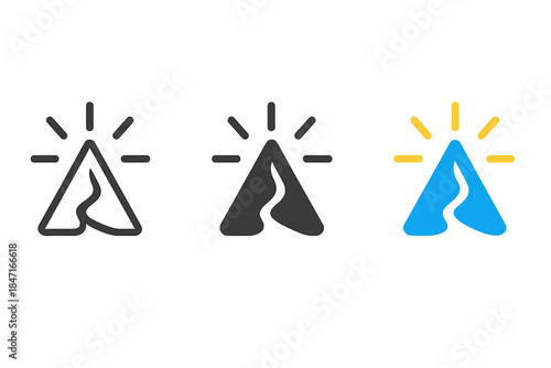 Radiant Delta Icons. three minimal vector icons of a radiant delta mouth symbolizing intelligent water flow, line outline style,