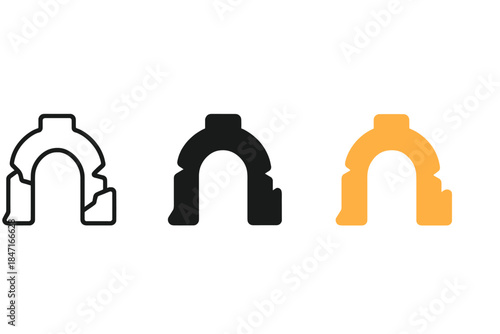 Abstract Memory Icons. three minimal vector icons of abstract memory fragments forming an incomplete monument, line outline style,