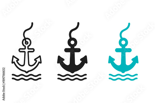 Anchor Icons Collection. three minimal vector icons of a heavy ship anchor dropping through the sea with rope trailing, line