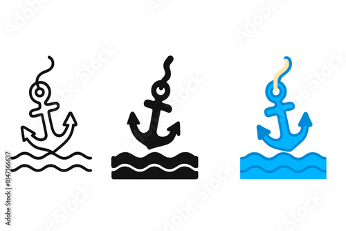 Sinking Anchor Icons. three minimal vector icons of a sea anchor connected by rope sinking into ocean waves, line outline style,