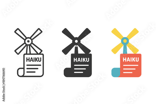 Wind-Powered Haiku Icons. three minimal vector icons of a wind-powered poetry generator crafting haikus dynamically, line outline