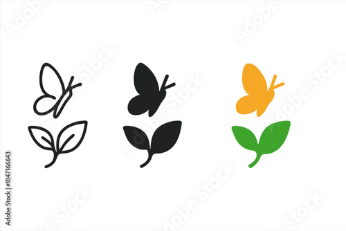Butterfly Icon Trio. three minimal vector icons of a butterfly silhouette hovering above a garden leaf, line outline style, solid