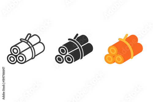 Firewood Icon Trio. three minimal vector icons of bundled firewood tied with rope in a compact stack, line outline style, solid