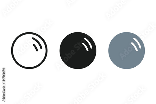 Hematite Stone Icons. three minimal vector icons of a round hematite mirror stone showing clear metallic reflection, line outline