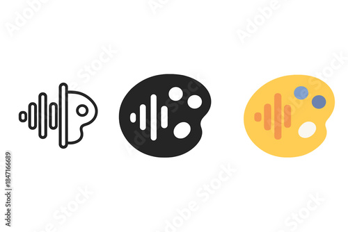 Sound Waves Palette. three minimal vector icons of sound waves blending into a painter’s palette symbolizing vocal variety, line