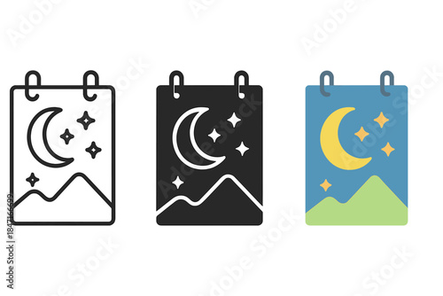Cosmic Photo Icons. three minimal vector icons of a silver gelatin print merging darkroom photography with cosmic imagery, line