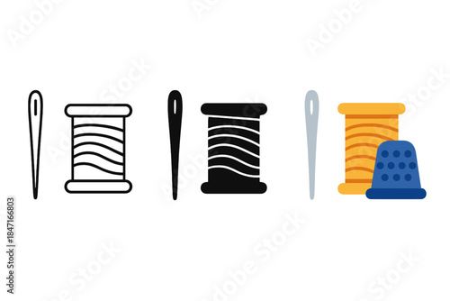 Neat Sewing Tools. Sewing tools arranged neatly in parallel—needle, thread, and thimble alignment, first in line style with thin