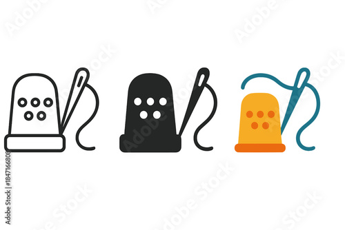 Minimalist Sewing Kit. Minimalist sewing kit symbol showing thimble, needle, and thread curl composition, first in line style with