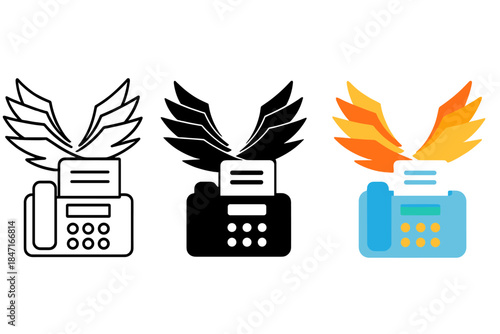 Abstract Paper Wings. Stack of transmitted papers forming abstract bird wings over fax body, first in line style with thin outline