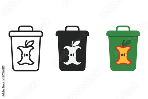 Compost Bin Icons. Minimalist compost bin icon featuring apple core and leaf detail inside, first in line style with thin outline,