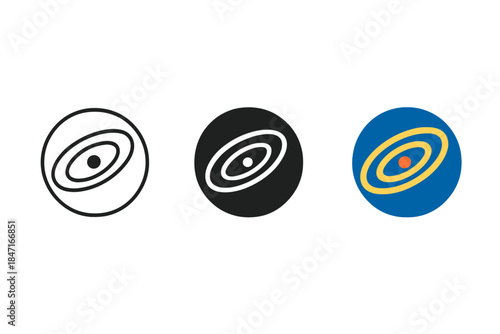 Galaxy Icon Series. Minimalist circular icon representing galaxy center with orbiting light rings, first in line style with thin