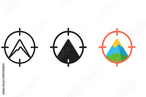 Precision Peak Transitions. Target reticle centered on stylized peak representing accuracy and alignment, first in line style with