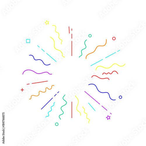 Colorful burst of lines and shapes surrounds a blank center, creating a festive atmosphere for celebrations and events. Rays radiate from the center in the form of lines and mathematical figures