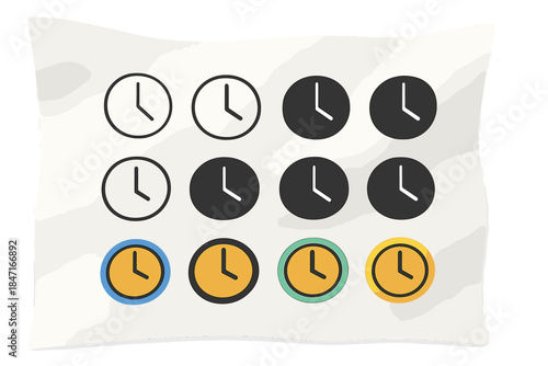 Clock Symbols Artistry. Minimalist grid of clock symbols arranged on bending plane of elastic texture, first in line style with