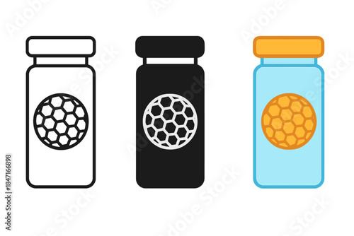 Artificial Pollen Variations. Artificial pollen sphere with hexagonal surface texture displayed in containment vial, first in line