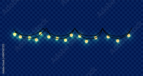 Festive string lights glowing warmly against a dark blue checkered background