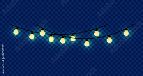 String of glowing incandescent bulbs on a dark background