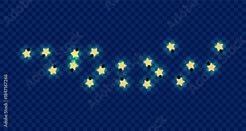 Twinkling yellow star-shaped fairy lights on a dark blue checkered background