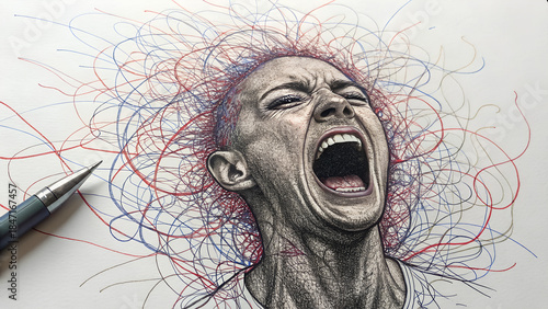 Portrait of a screaming man with colorful pencil lines on paper  