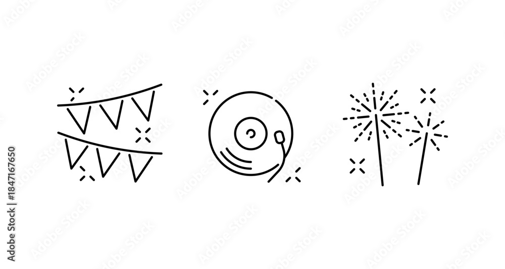 Naklejka premium Party icons: bunting, record player, and fireworks for celebration and music events