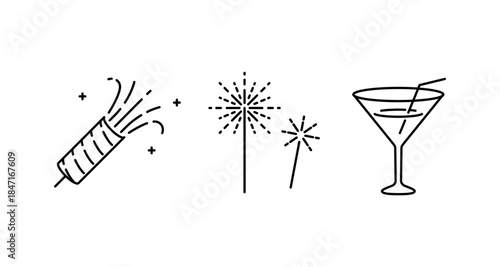 Celebration icons: party popper, fireworks, and cocktail glass with straw