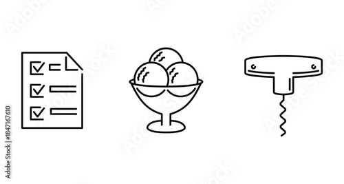 Checklist, ice cream sundae, and corkscrew icons on a white background