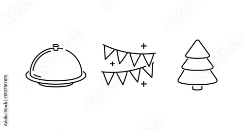 Simple line art icons of a cloche, bunting flags, and a Christmas tree on white background