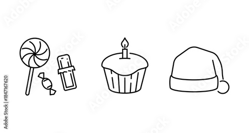 Simple line art icons of a lollipop, candy, cupcake with candle, and Santa hat