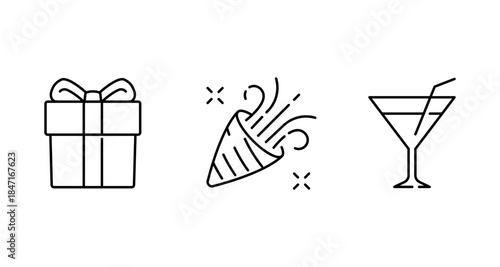 Set of three simple line icons representing celebration: gift, party popper, and cocktail