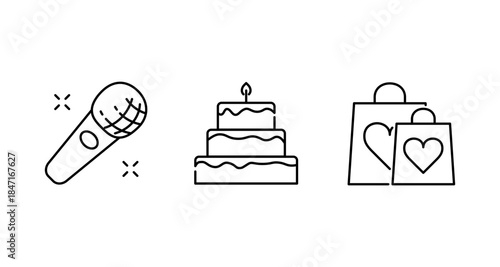 Celebration icons: microphone, tiered cake with candle, and gift bags with hearts