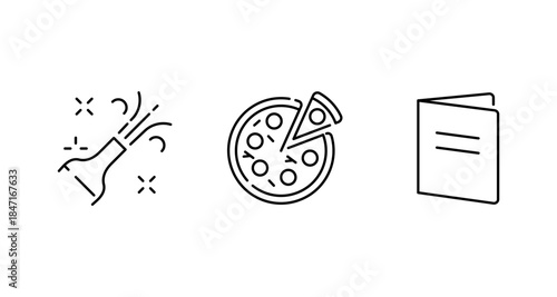 Party popper, pizza slice, and menu icons on a white background