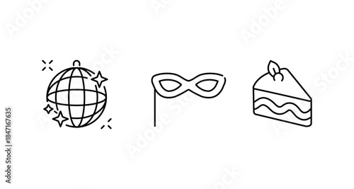 Set of icons representing celebration: disco ball, masquerade mask, and cake slice