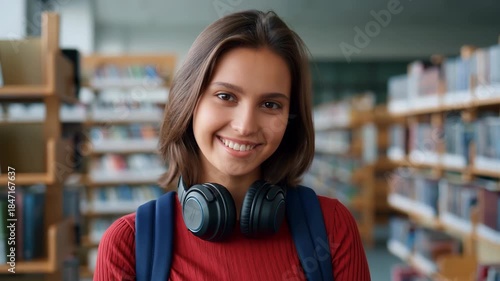 Young woman student wearing headphones and backpack smiling at camera, standing in a university library with bookshelves in the background, representing education, learning, and academic life