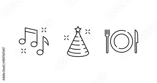 Party icons for music, celebration hat, and dining setting on white background