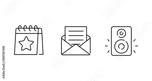 Calendar with star, open envelope with letter, and speaker icons on white background