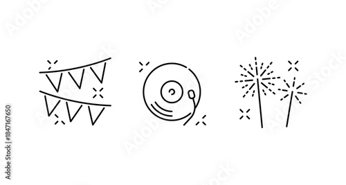 Party icons: bunting, record player, and fireworks for celebration and music events