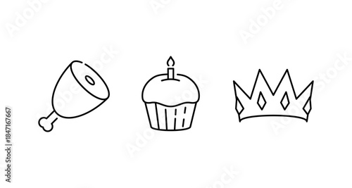 Simple line art icons of a ham hock, cupcake with candle, and a crown on white background