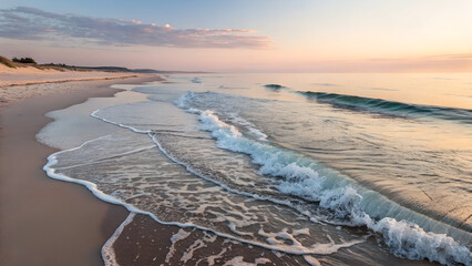 Fotobehang Cappuccinokleur Tranquil beach landscape with gentle waves at sunset    © Анна Ясониди